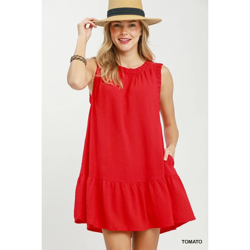 Umgee Sleeveless Ruffle Trim Drop Waist Mini Dress - Tomato - Large